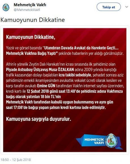 Afrin şehidinin emekli ikramiyesine haciz koyan avukat Emine Gün'e Mehmetçik Vakfı'ndan insanlık dersi - Resim : 1