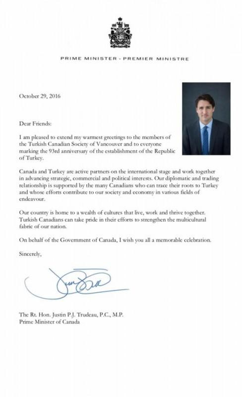 Kanada Başbakanı 29 Ekim Mesajı yayınladı - Resim : 1