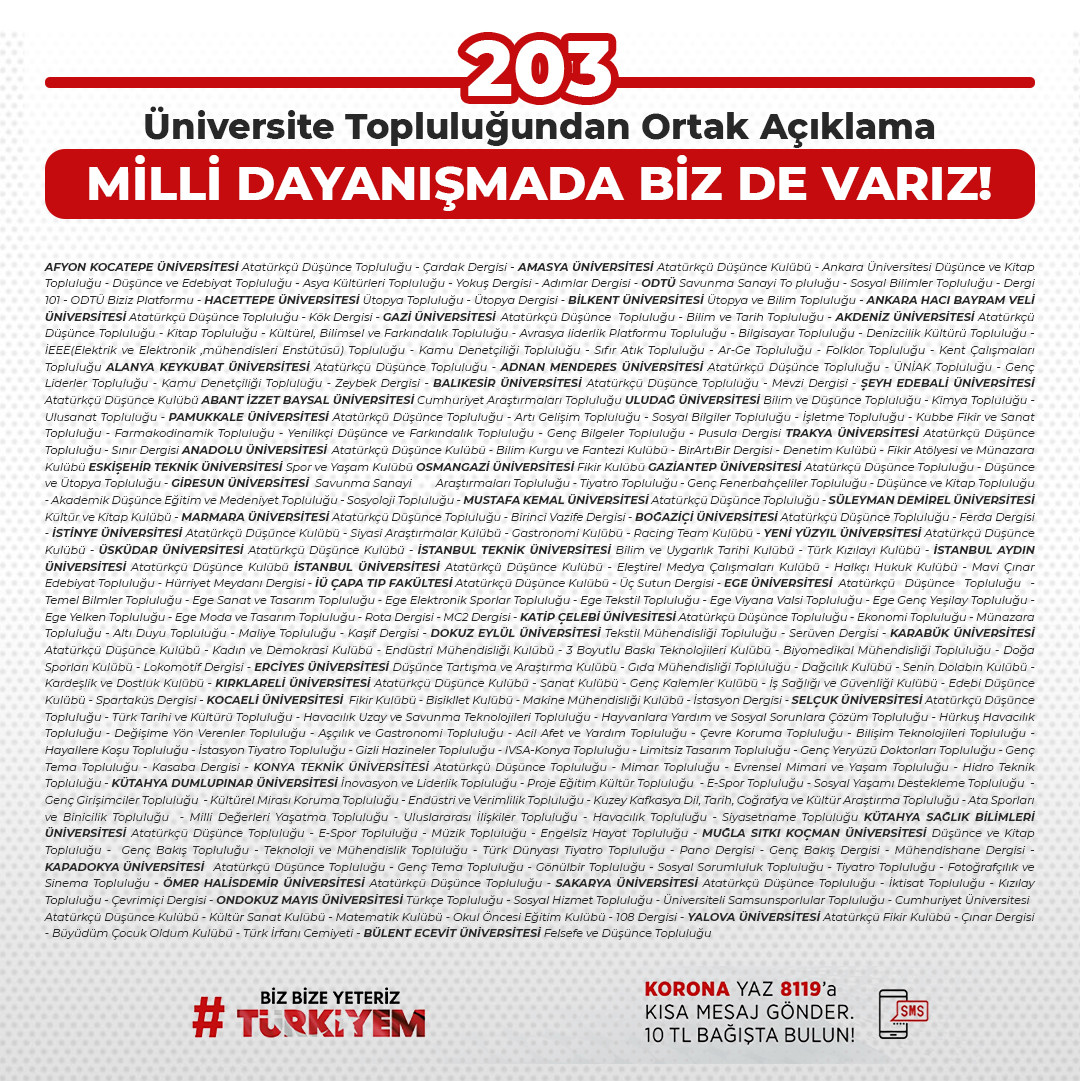 203 üniversite topluluğu tek ses: Milli Dayanışma'da biz de varız! - Resim: 2