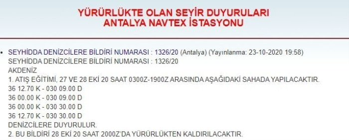 Türkiye'den yeni NAVTEX ilanı - Resim: 1