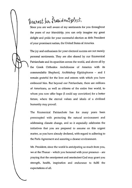 Patrik’ten Biden‘a 'Ekümenik Patrik' imzalı İngilizce tebrik mektubu - Resim: 1