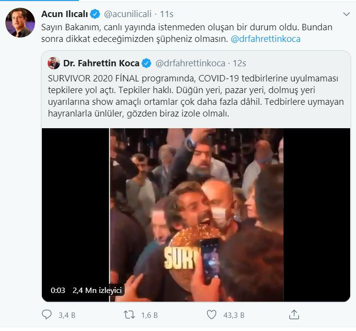 Bakan Koca'nın 'Survivor' uyarısına Acun Ilıcalı'dan yanıt - Resim: 1