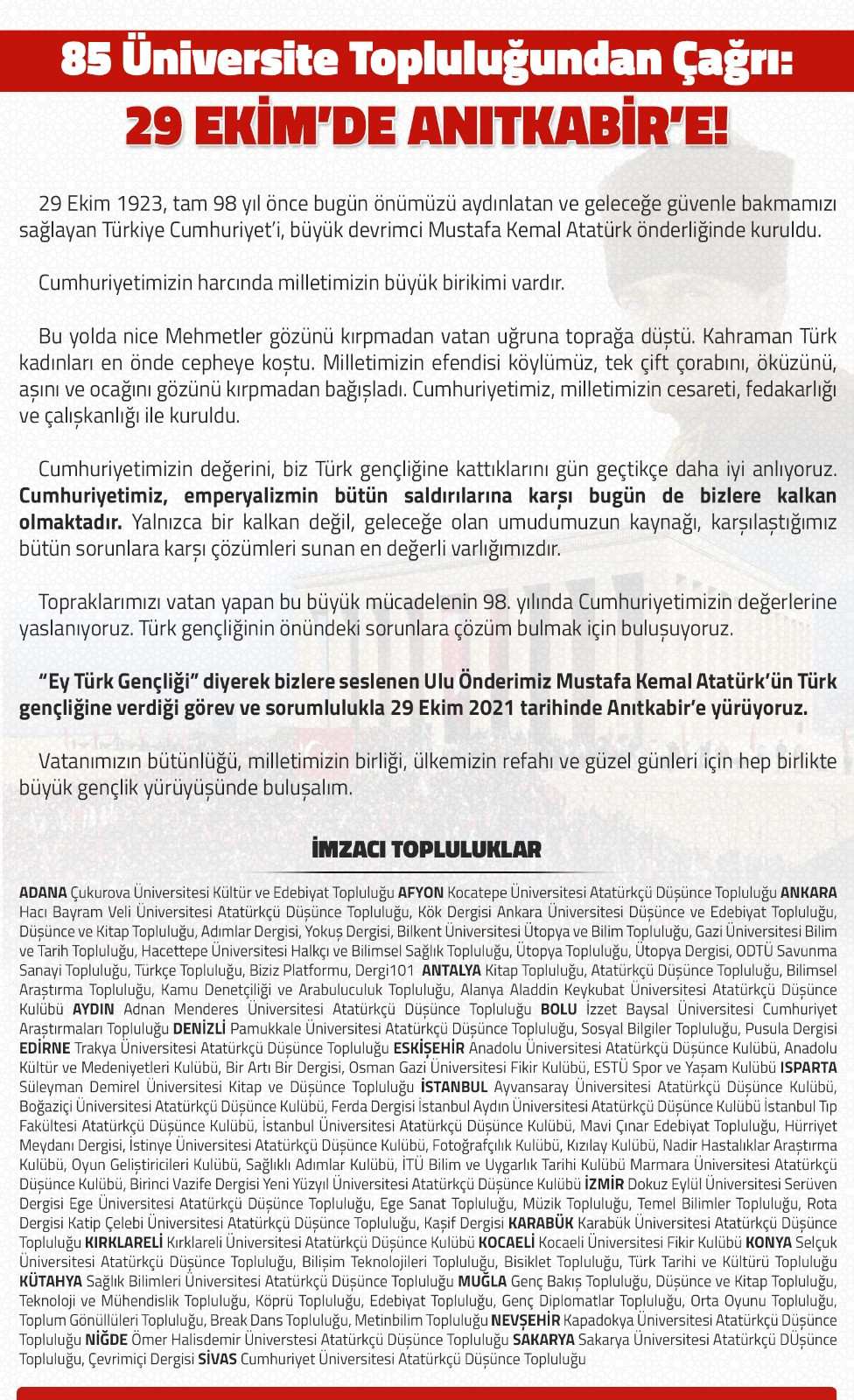 85 Üniversite Topluluğundan Cumhuriyet Bayramı Çağrısı: Gençlik 29 Ekim’de Anıtkabir’e! - Resim: 1