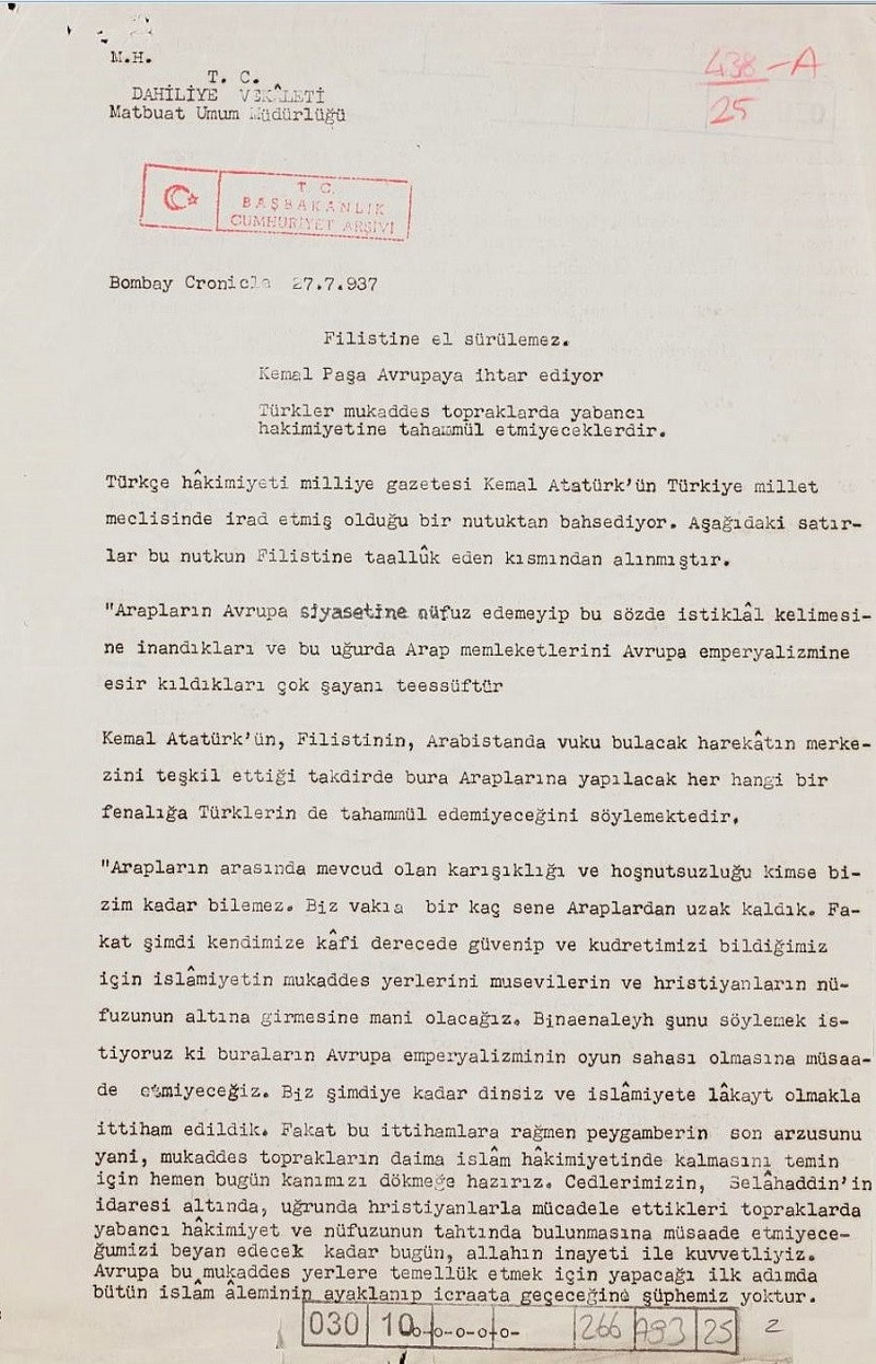 Atatürk'ün 'Filistin'e el sürülemez' diye sözü var mı? - Resim: 2